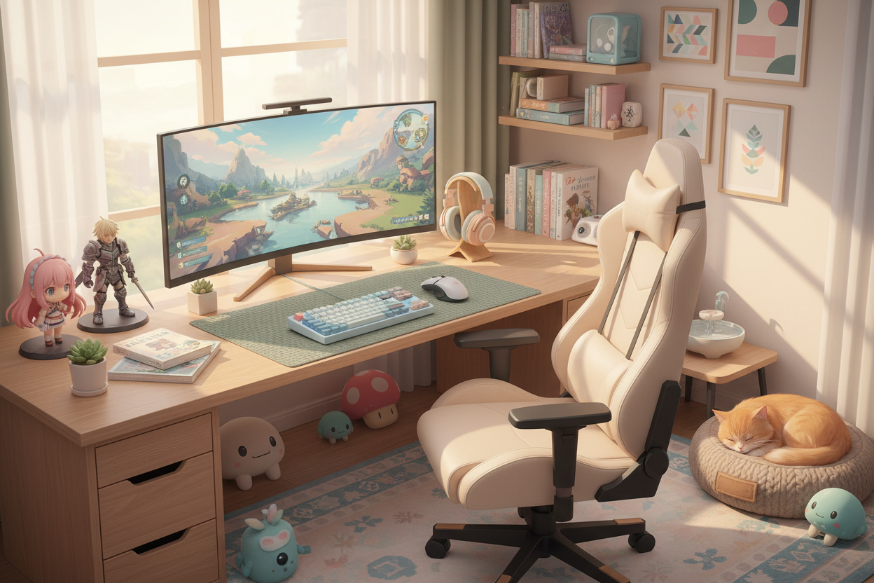 Calming scene with anime and gaming elements for The Oasis of Serenity